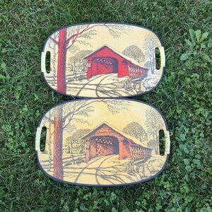 Mid Century Modern Covered Bridge art Fiberboard Serving  Vintage Tray TV tray